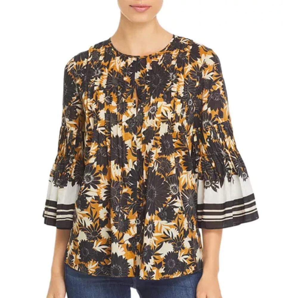 Kobi Halperin Gianna Black and Gold Sunflower Floral Blouse Cotton and Silk EUC